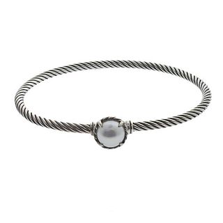 David Yurman Silver Pearl Bangle Cuff Bracelet