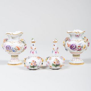 Group of Miniature Meissen Porcelain Flower Encrusted Articles