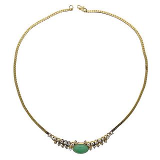 22k Gold Diamond Cabochon Jade Necklace 