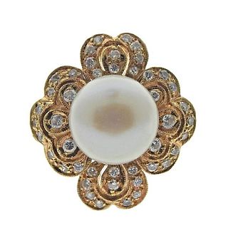 18k Gold Diamond Pearl Floral Ring