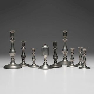 Pewter Candlesticks and Whale Oil Lamp