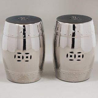 Pair of Silver Lustre-Glazed Ceramic Barrel-Form Garden Seats