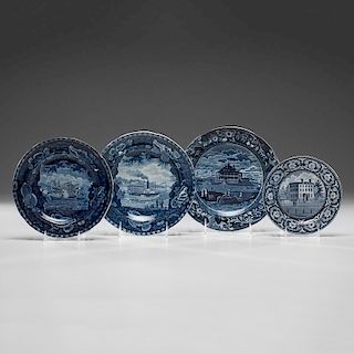 Historical Blue Staffordshire Plates Including Boston and Naval Scenes