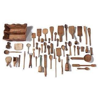 Fifty-One Pieces of  Wooden Kitchen Ware with Knife Box