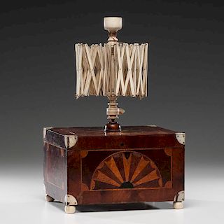 A Sailor-Made Whalebone and Marquetry Inlaid Sewing Box with Yarn Winder