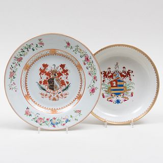 Chinese Export Porcelain Plate with Arms of Thomas Best of Kent and a Saucer Dish with Arms of Cox