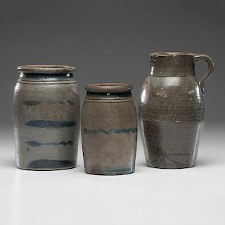Manchester, Ohio Stoneware Pitcher and Two Stoneware Canning Jars
