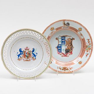 Chinese Export Soup Plate Arms of Cock Quartering Roach Impaling Trevor and a Reticulated Rim Plate with Arms of Pakenham 