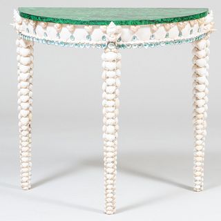 Contemporary Demi-lune Faux Malachite and Shell Encrusted Pier Table 