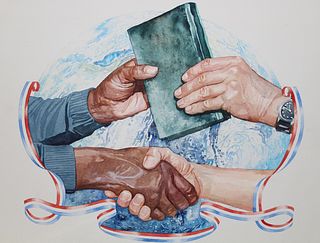 Brian Sanders (B. 1937) "Hands Sharing Book" W/C