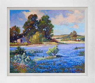 Texas Hill Country Blue Bonnets hand embellished on canvas by David Lloyd Glover