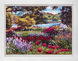 Mixed Media Original on canvas Spring Flowers at the Lake by David Lloyd Glover
