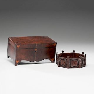 Heart Decorated Inlaid Box and Tramp Art Bowl