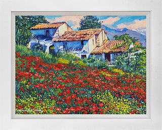 Hand embellished canvas David Lloyd Glover Red Poppies of Abruzzo Italy