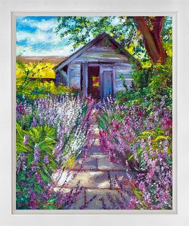 Hand embellished oil on canvas French Lavender Garden Shed David Lloyd Glover