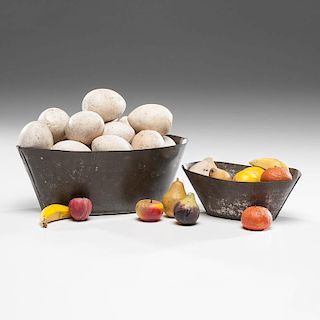 Collection of Stone Fruit and "Nest" Eggs with Tin Bowls