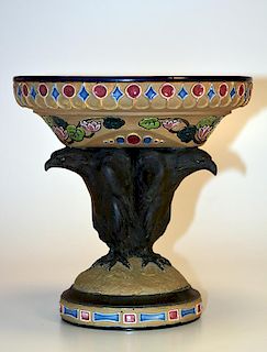 Amphora figural vase of three black birds of prey standing back to back