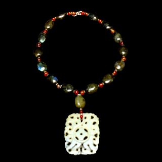 Vintage Labradorite, Coral, Jade Necklace