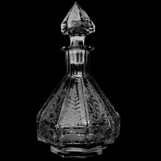 Antique Etched Faceted Crystal Decanter