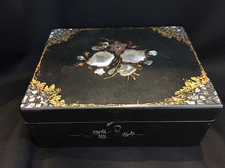 Vintage Black Lacquered box with intricate mother of pearl decorations