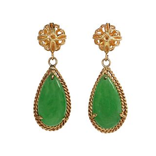 14K Yellow Gold Jade Pear Shape Earrings  4gr