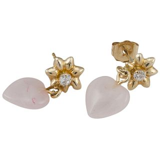 14k Yellow Gold Dangle Heart Shaped Rose Quartz Earrings with Cubic Zirconia