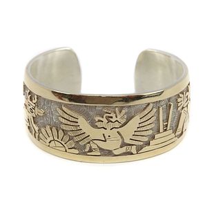 Watson Honanie - Hopi 14K Gold and Sterling Overlay Bracelet with Kachina Pictorial, size 6.125 (J15411)