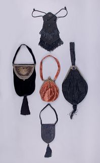 FIVE SILK, VELVET OR SUEDE PURSES, EARLY 20TH C