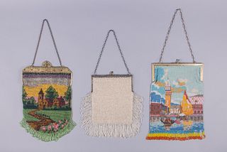 THREE KNITTED OR EMBROIDERED FRAME BAGS, 1910-1920s