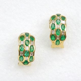 18K Yellow Gold, Emerald & Diamond Earrings.