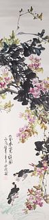 Chinese Ink & Color on Paper Painting of Flowers mounted as Scroll