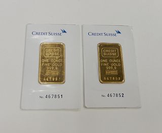 (2) Credit Suisse Mint Fine Gold 1 Troy Oz. Bars.