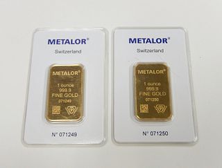 (2) Metalor Mint Fine Gold 1 Troy Oz. Bars.