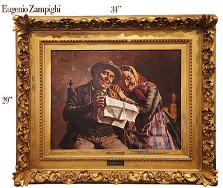 19th C. Oil On Canvas 'Old Couple Reading Newspaper' By  Eugenio Zampighi (1859–1944)
