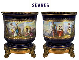 Pair of 19th C. Cobalt Jeweled Sevres Vases 