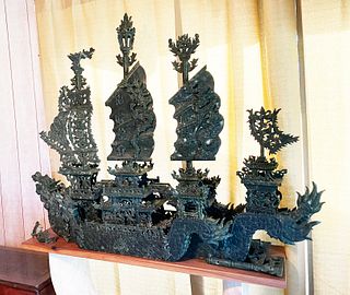 Large Chinese Spinach Jade Dragon Ship