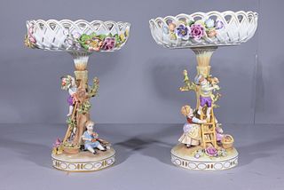 Pair Plaue Schierholz Figural Porcelain Compotes
