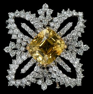 35.41ct. Natural Yellow Sapphire and Diamond Brooch