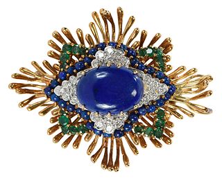 18kt. Yellow Gold Lapis, Emerald, Diamond, and Blue Sapphire Pendant Brooch