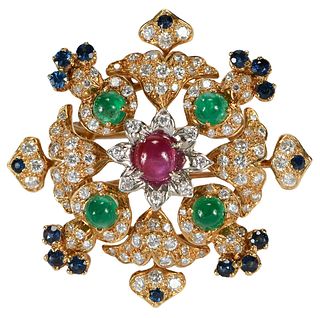 18kt. Ruby, Emerald, Blue Sapphire and Diamond Brooch