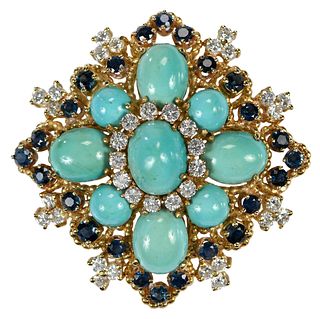 18kt. Turquoise, Diamond, Blue Sapphire Brooch