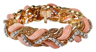 Finely Carved Coral, Diamond and 18kt Gold Bracelet