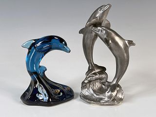 METAL RICKER & SIGNED GLASS DOLPHIN STATUES