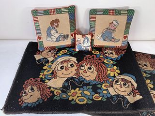 RAGGEDY ANN & ANDY VINTAGE FLORAL WREATH DOORMATS, NEEDLEPOINT PILLOWS/HANGING PILLOW