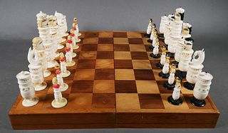 Vintage Mexican Carved Bone Chess Set