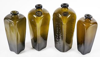 Four Antique Olive Green Gin Bottles