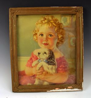 VINTAGE PAINTING OF GIRL WITH PUPPY