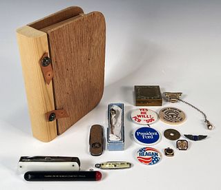 COLLECTION OF KNICK KNACKS MILITARY PINS POCKET KNIVES AND MORE
