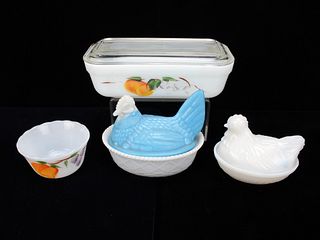 FIRE KING REFRIGERATOR SAVER & ROOSTER DISHES 