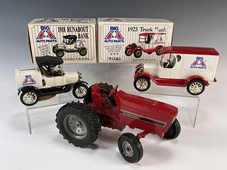 2 CAR BANKS AND METAL TRACTOR 